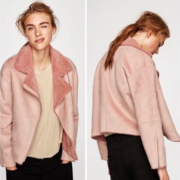 Zara Faux Suede Shearling Winter Moto Jacket Size L - Picture 2 of 9